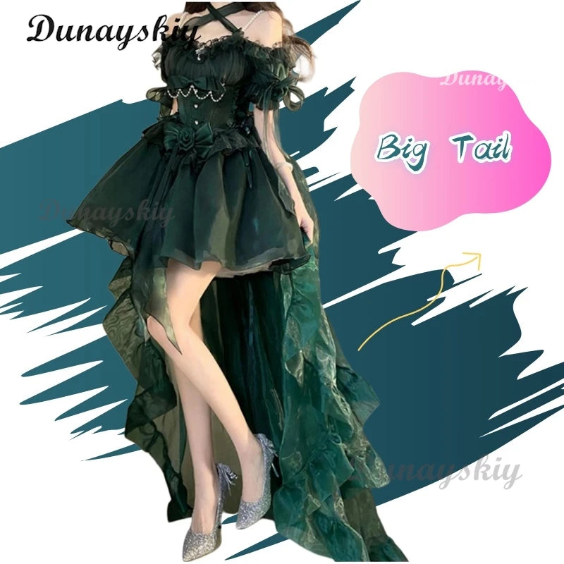 Exquisite Elegant Green Lolita Dress High Waist Slim Fit Bow Off -The-Shoulder Neck Suspender Dress Wedding Dress Customized