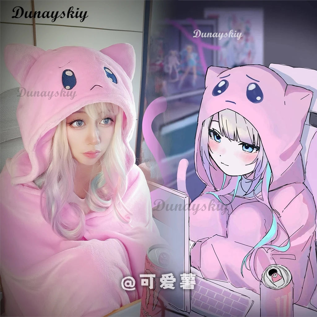 Blanket NEEDY GIRL OVERDOSE KAngel P-chan Doujin Kawaii Cozy Streamer Overload Pink Cat Cape Hooded Soft Plush Blanket Jirai kei