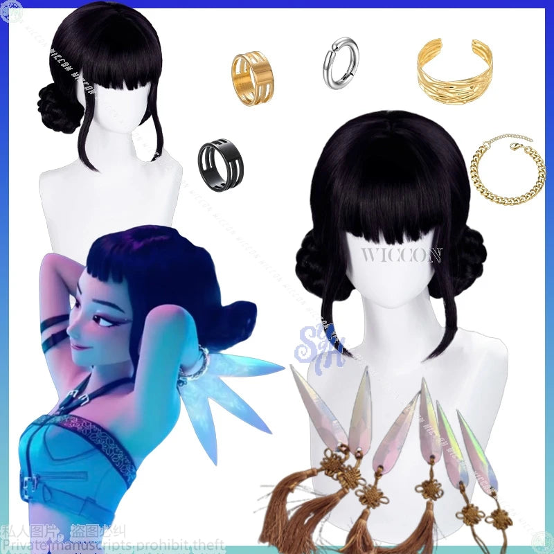Zoey Cosplay Kpop Demon Korea Girl Group Anime Black Wig Idol Jirai Kei Girls Props Earring Rings Halloween Christmas Party 코스프레