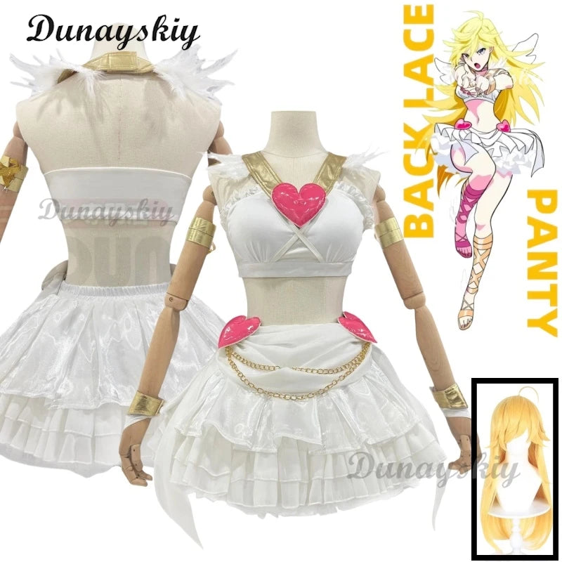 Panty Anarchy White Dress Anime Panty & Stocking Garterbelt Sexy Cosplay White Costume Wig Top Skirt Cos Convention Halloween