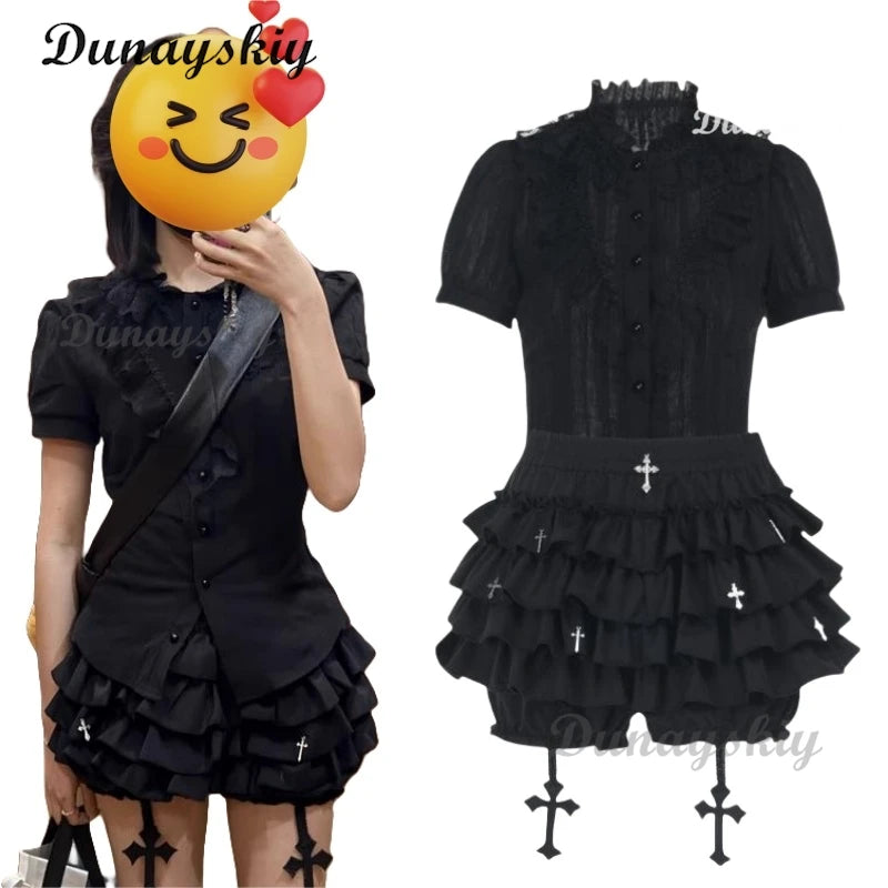 Vintage Mall Gothic Black Shirt Skirt Women Dark Palace Style Streetwear Jacquard Texture Blouse Sleeve Lace Patchwork Shirt