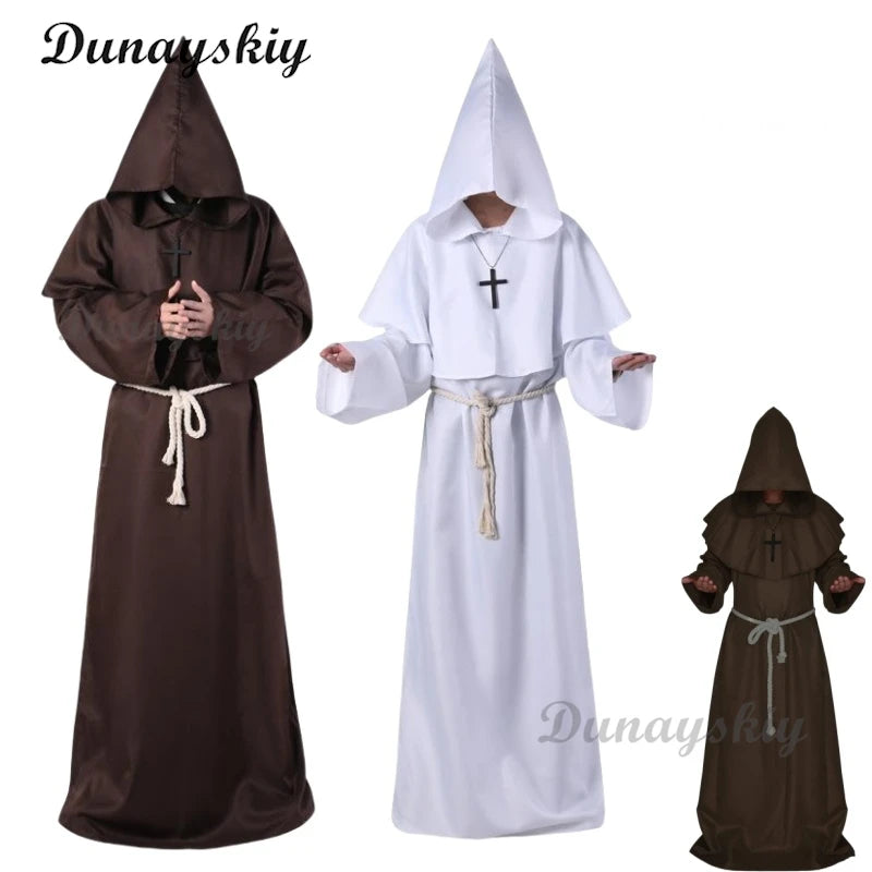 Medieval Hooded Robe New Wizard Costume Halloween Cosplay Costume Monk Friar Robe Priest Costume Ancient Clothing Christian
