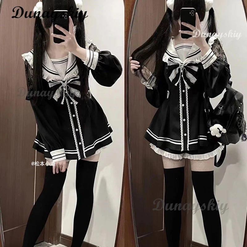 Jirai Kei Sailor Black Dress Lace Patchwork Slim Fit Dresses Japanese Sweet Inner Shorts Set JK School Uniform for Women Girls