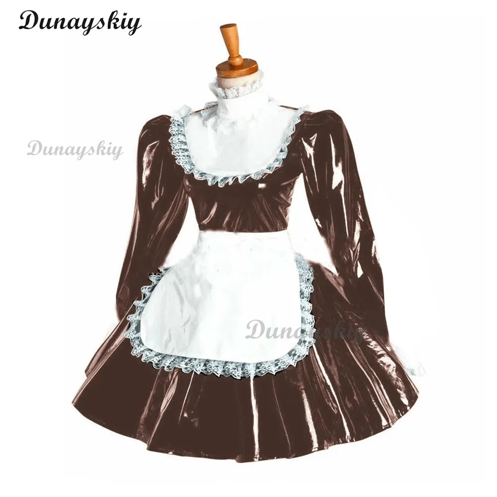 Puff Long Sleeve Gothic Mini Dress Cosplay Women Lolita Bowknot Lace Apron Dress PVC Wetlook Maid Cosplay Halloween Maid costume