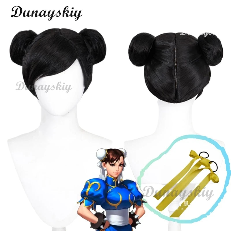 Chun-Li Cosplay Wig Game SF Fighter Headwear Heat Resistant Synthetic Hair Carnival Halloween Party Props Gifts Customized