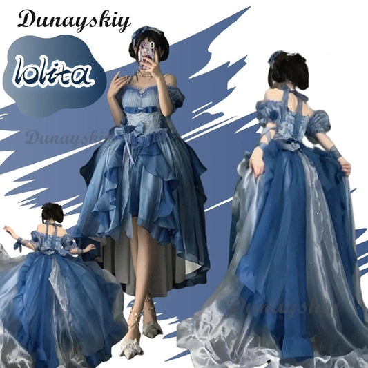 Blue Flower Wedding Dress Cos Lolita Dress Lolita Heavy Industry Trail Puffy Princess Dress Bow Lolita Cosplay Customized