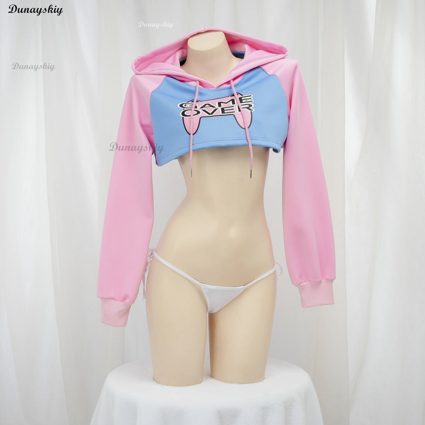 Game Over Anime Girl Pink Blue Short Hoodie Crop Top Long Sleeve Halloween Cosplay Costume Underwear Nightgown Student Outfits