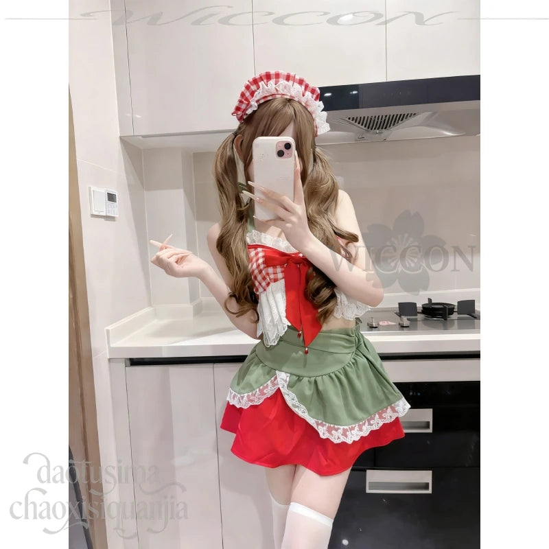 Sexy Strawberry Halter Two-Piece Short Skirt Jirai Kei Cosplay Costume Cute Anime Lolita Original Design Girls Christmas Party