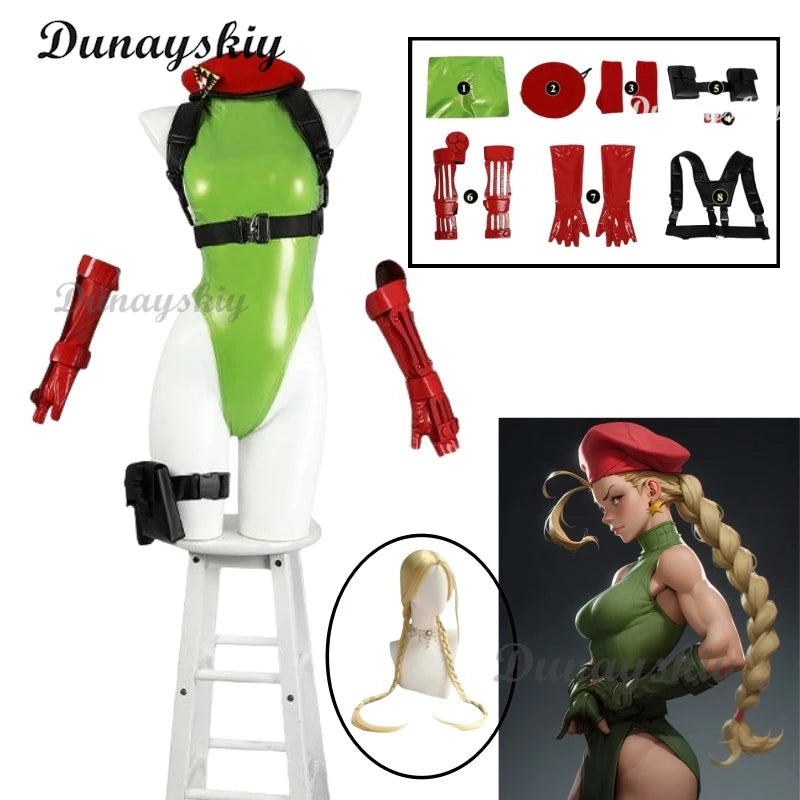 Fighting Game SF Cammy White Cosplay Leather Suit Bikini Bodysuit Glove Hat Strap Wig Stocking Halloween Costumes Women Jumpsuit