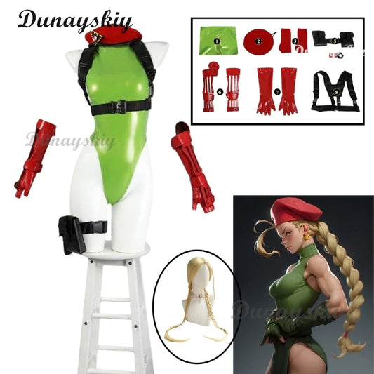 Fighting Game SF Cammy White Cosplay Leather Suit Bikini Bodysuit Glove Hat Strap Wig Stocking Halloween Costumes Women Jumpsuit