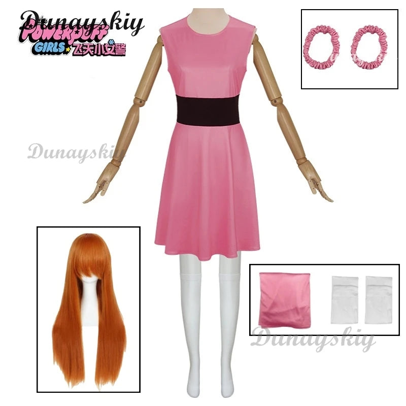 Powerpuff Cosplay Girls Costume Dress Set Blossom Buttercup Bubbles Costume Dress Women  Belt Set Halloween Fancy Dress