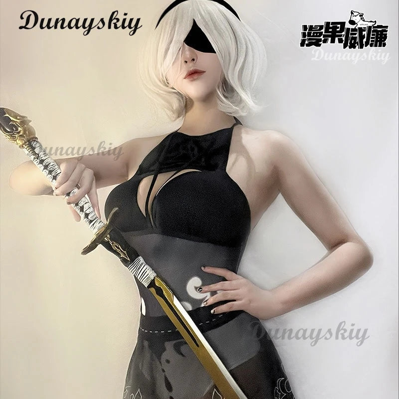 Anime Game Nier Automata Yorha 2B Cosplay Costume Sexy Hollow Two Piece Bikini Swimsuit Halter Neck Swimwear Bathing Customized