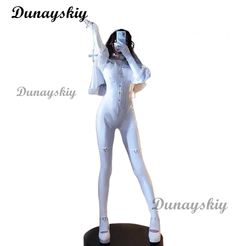 Women Gothic Style Jumpsuit Black White One-Piece Catsuit Jumpsuit and Skirt with Leg Ring Shoe Cosplay Costume for Halloween