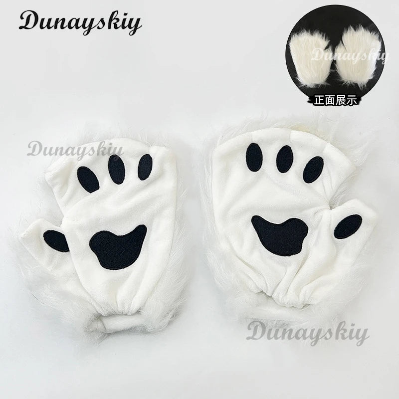 Fluffy Fur Fox Ear Headpiece Tail Cat Claw Glove Headband Necklace Cute Fox Japanese Anime Cosplay Costume Accessory Halloween