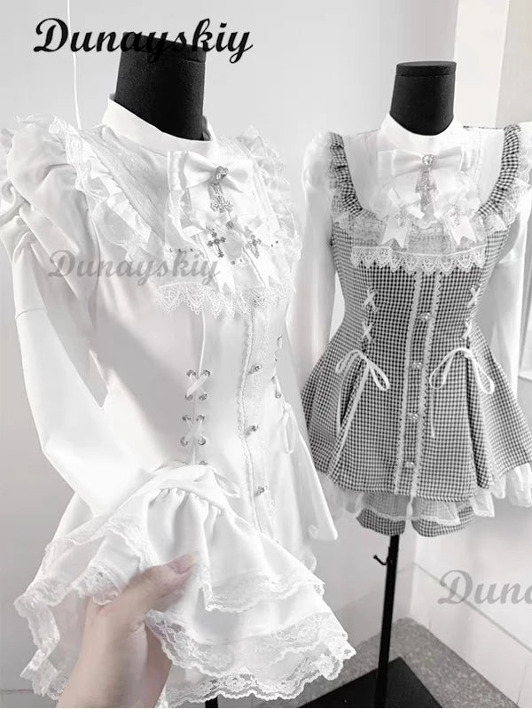 Jirai Kei Fashion Gothic Vintage Hot Girl Patchwork Dress Lolita Y2k Skinny Design Evening Party Dress Female Lace Chic Outfits