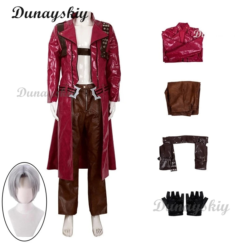Game Devil Cos May Cry 3 Dante Red Long Poncho Cosplay Costumes Wig Pant Necklace Uniforms Jacket Halloween Carnival
