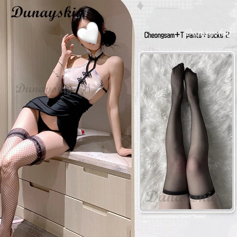 Chinese Style Mini Cheongsam Print Sexy Lingerie Teddy Nightgown Sexy Office Secretary Uniform Lace See Through High Split Dress