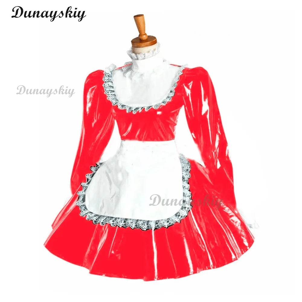 Puff Long Sleeve Gothic Mini Dress Cosplay Women Lolita Bowknot Lace Apron Dress PVC Wetlook Maid Cosplay Halloween Maid costume
