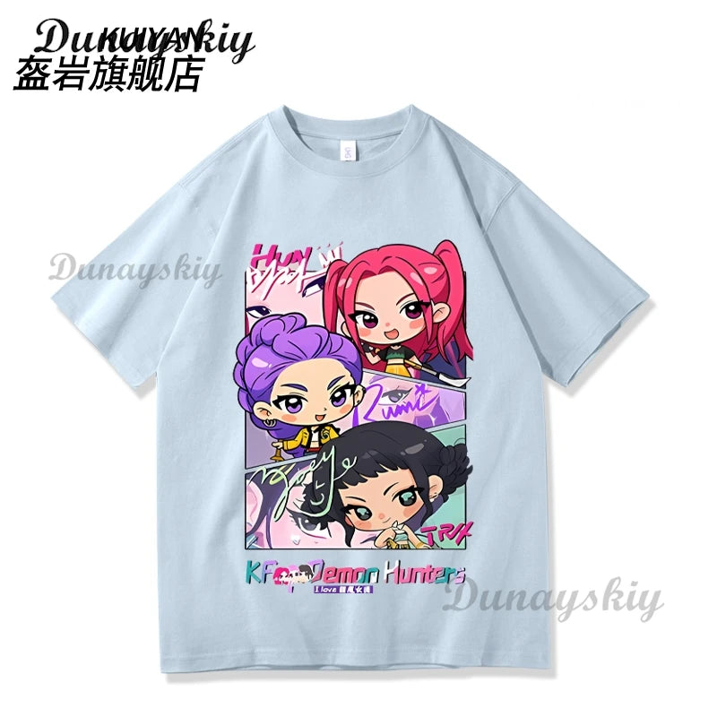 KPop Demon Hunters Cosplay T-shirt Wig Costume Superstar Rumi Mira Zoe Daily Black White Printed Top For Women Girls Clothing