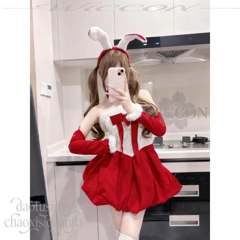 Anime Kawaii Original Design Red Velvet Maid Bunny Dress Cute Rabbit Headwear Cos Halloween Christmas 2025 Party Outfit