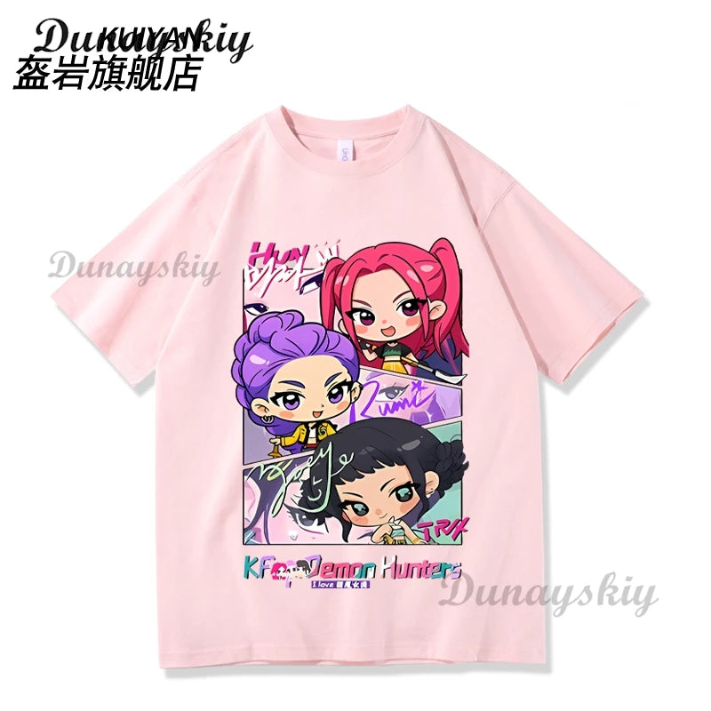 KPop Demon Hunters Cosplay T-shirt Wig Costume Superstar Rumi Mira Zoe Daily Black White Printed Top For Women Girls Clothing