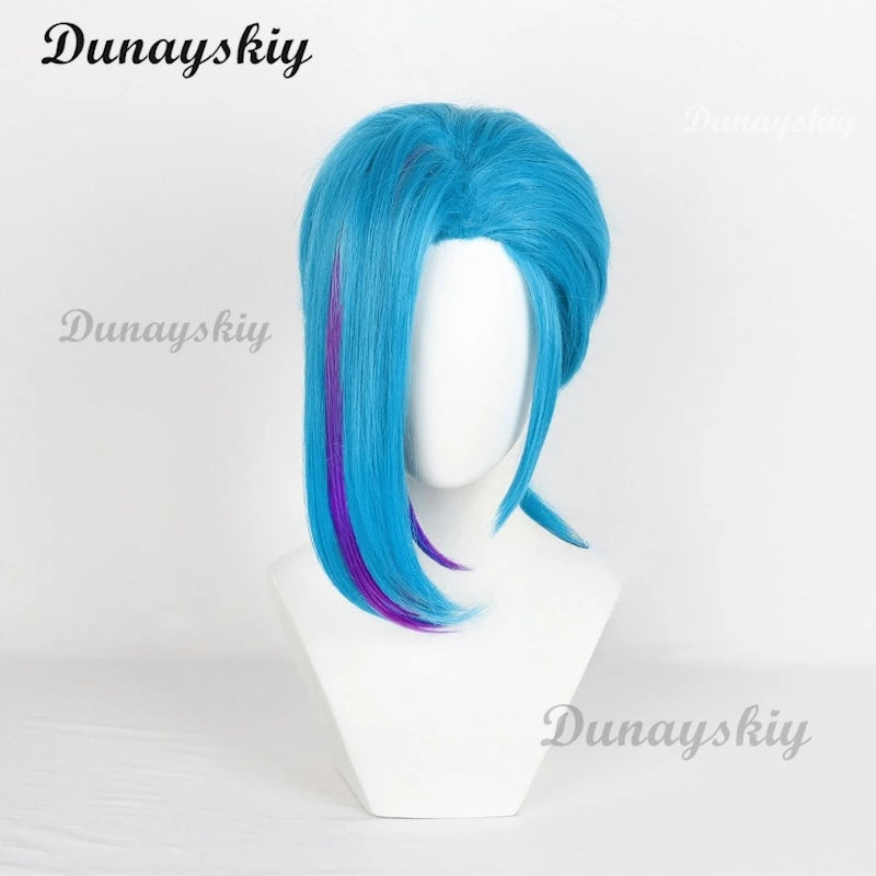 Anime Arcane Jinx Cosplay Wig Powder Cosplay Wig Bun Wig Blue Highlights Short For Halloween Party Role Play Suit