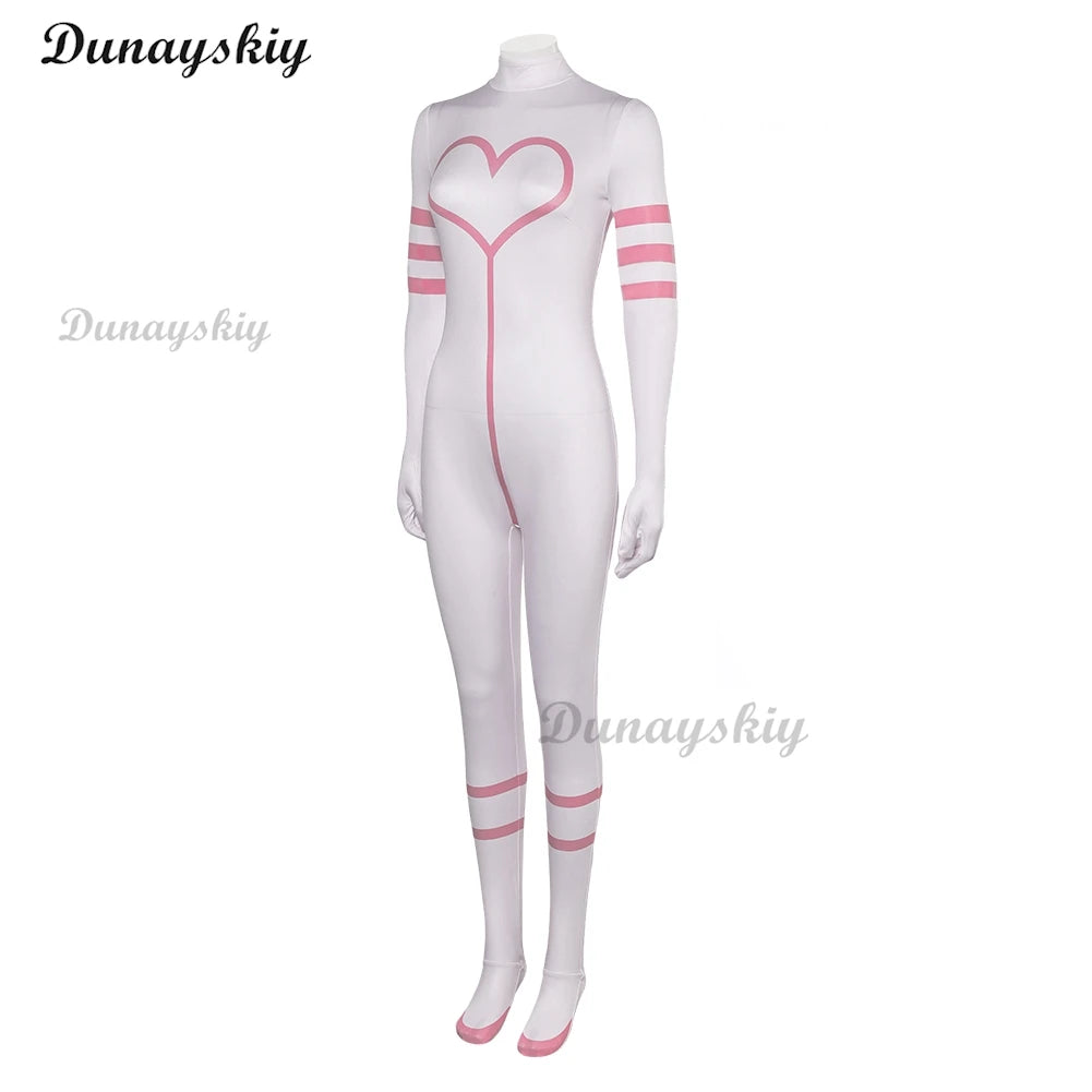 Angel Dust Cosplay Pink White Costume Wig Hazbin Rolelpaly Hotel Leather Tight Fitting Jumpsuit Outfiits Women Halloween Party