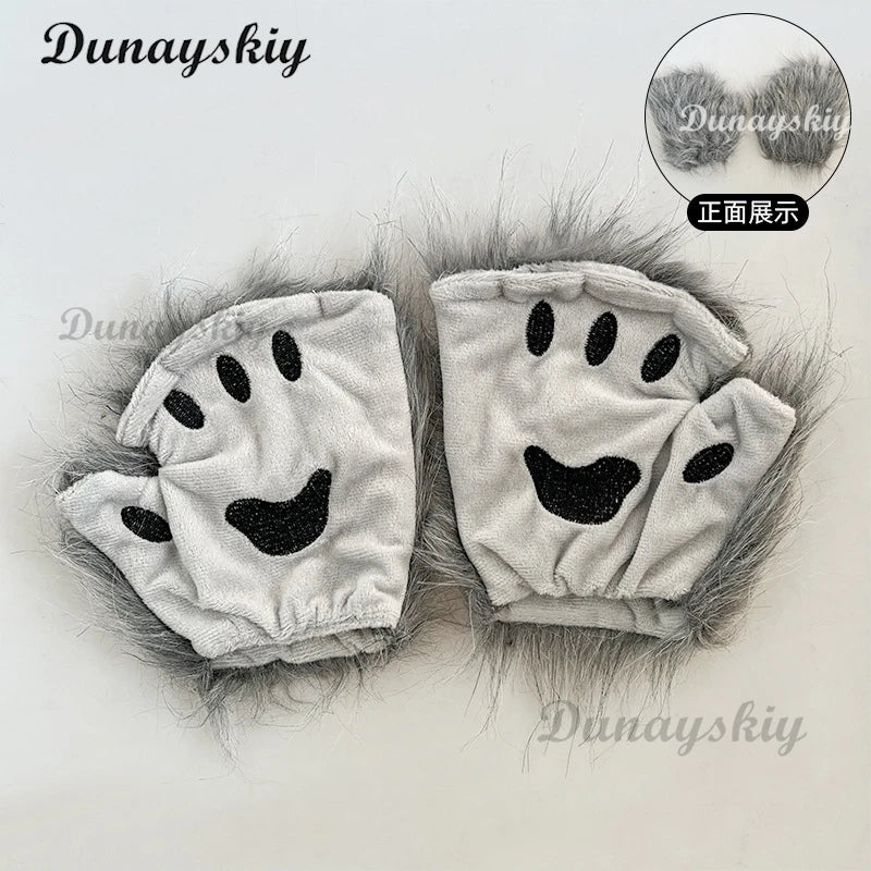 Fluffy Fur Fox Ear Headpiece Tail Cat Claw Glove Headband Necklace Cute Fox Japanese Anime Cosplay Costume Accessory Halloween