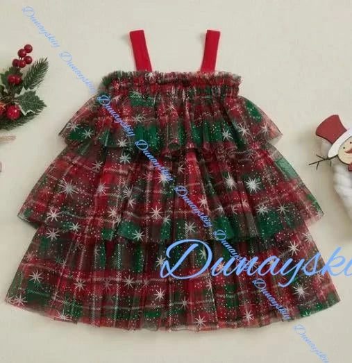 Christmas Kids Girl Stars Dress Cosplay Baby Dresses for Girls Sleeveless Red Green Party Layered Tulle Dress Xmas Clothes