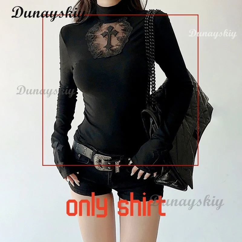 Black Gothic Lace Trim Long Sleeve T-Shirts Women Vintage Sexy Lace-up Square Collar Tops Japanese Fashion Y2k Subculture Tees