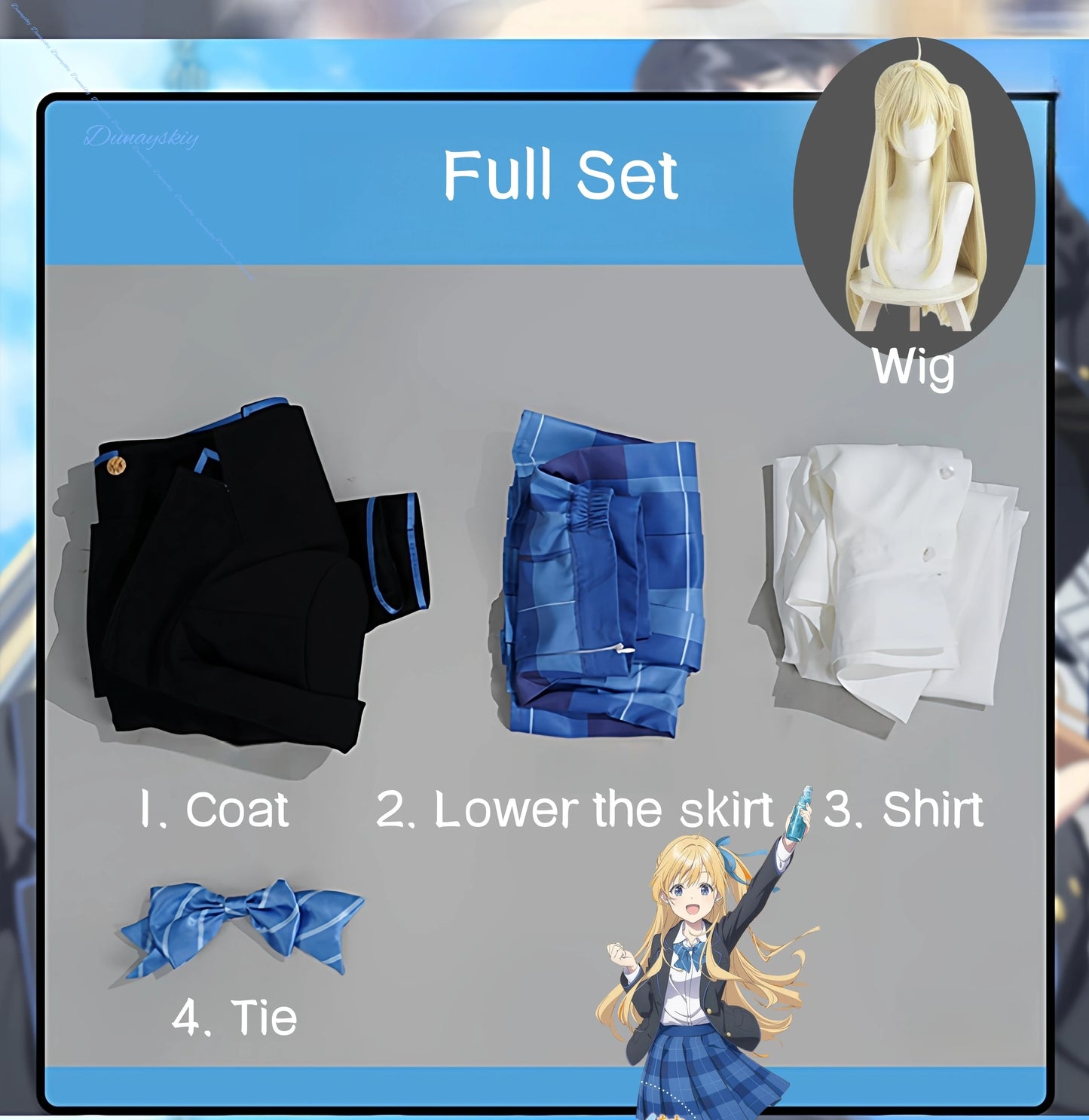 Anime Chitose Is in the Ramune Bottle Yuuko Hiiragi Saku Chitose Cosplay Costume Wig Uniform Coat Skirt Headwear Role Playing