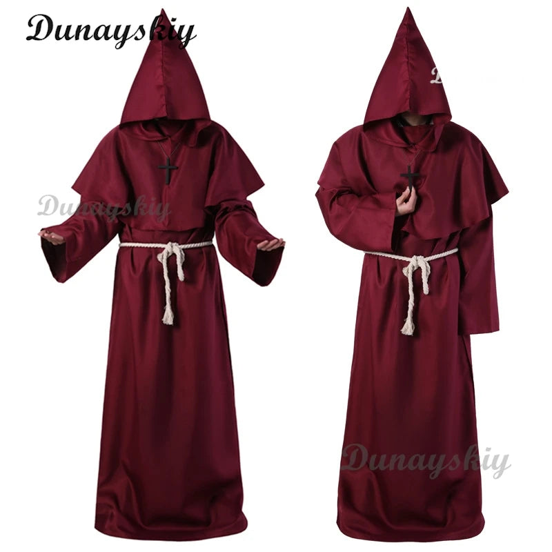 Medieval Hooded Robe New Wizard Costume Halloween Cosplay Costume Monk Friar Robe Priest Costume Ancient Clothing Christian