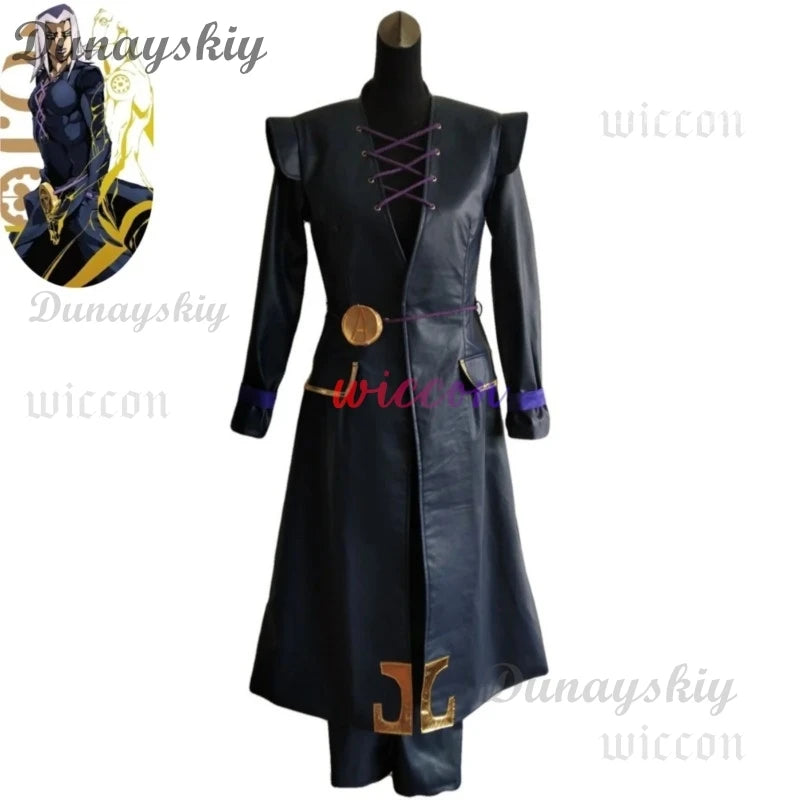 Anime JOJO's Bizarre Adventure Golden Wind Leone Abbacchio Cosplay Costume Black PU Long Coat Uniform Wig Man Carnival Suit