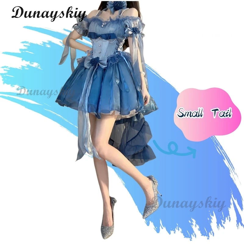 Blue Flower Wedding Lolita Dress Light Lo on the Run Elegant Big Lady Beautiful Puff Short Skirt Fairy Princess Party Customized