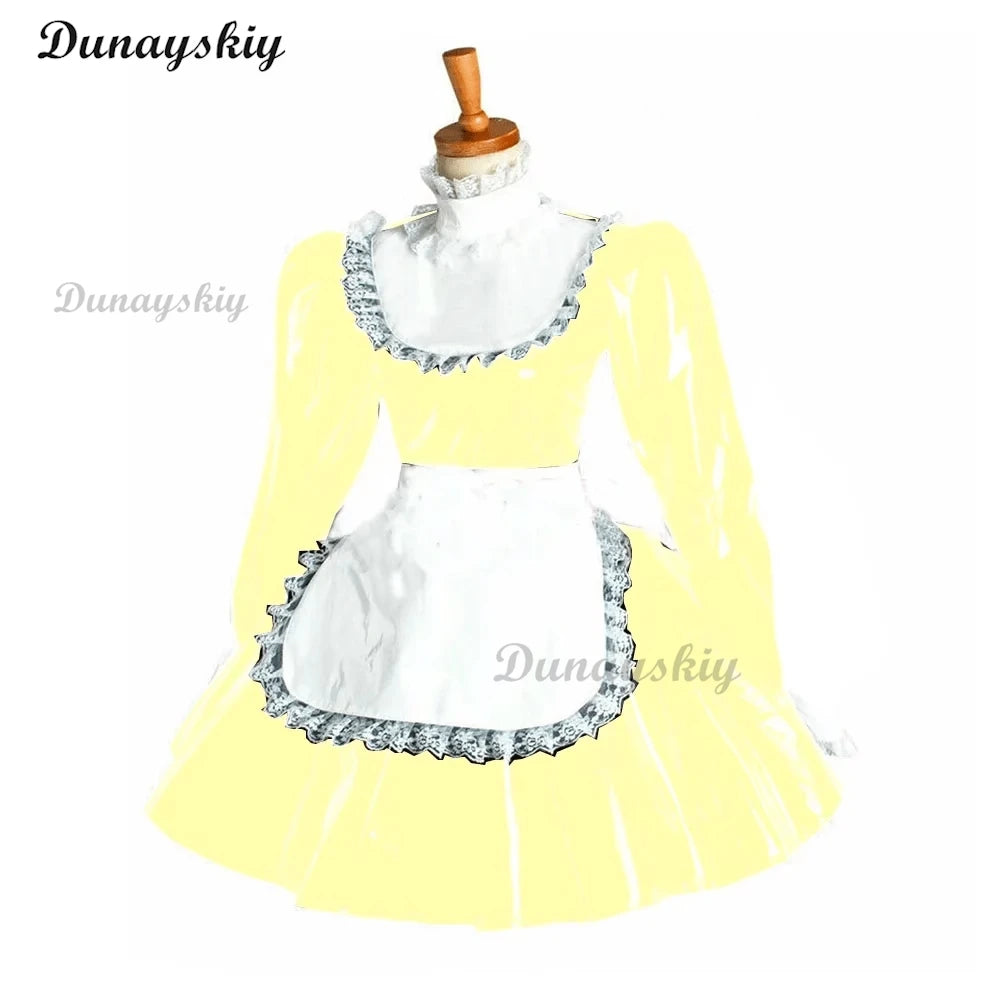 Puff Long Sleeve Gothic Mini Dress Cosplay Women Lolita Bowknot Lace Apron Dress PVC Wetlook Maid Cosplay Halloween Maid costume