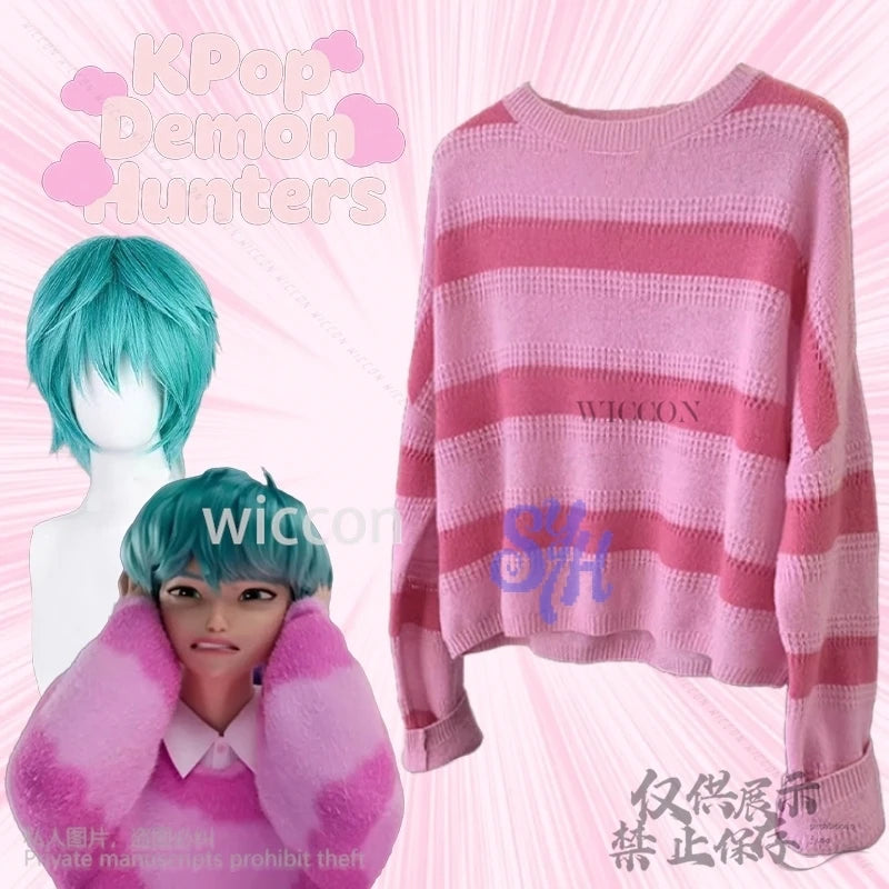 Kpop Group Idol Anime Demon Saja Boy Baby Cosplay Costume Pink Stripe Uniform Lovely Kawaii Jirai Kei Suit Wigs Halloween Party