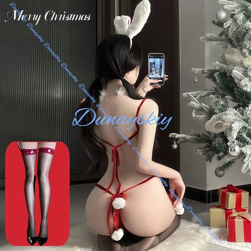 2025 Christmas Sexy Red Bikini Cosplay Costume White Bobbles Swimwear Pajamas Hot Women Girl Carnival Outfit RolePlay