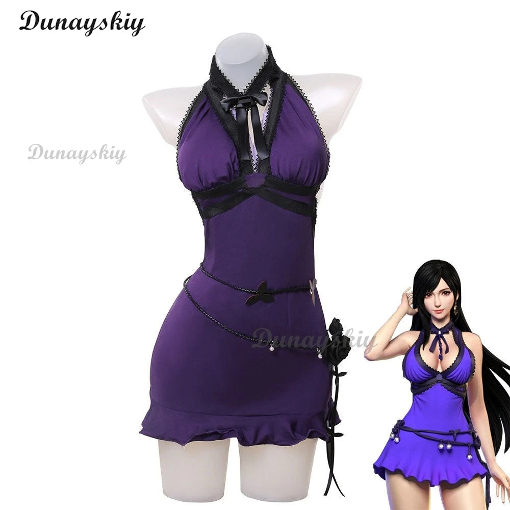 Game Final VII Tifa Lockhart Cosplay Costume Women Purple Sexy Dress Party Halloween