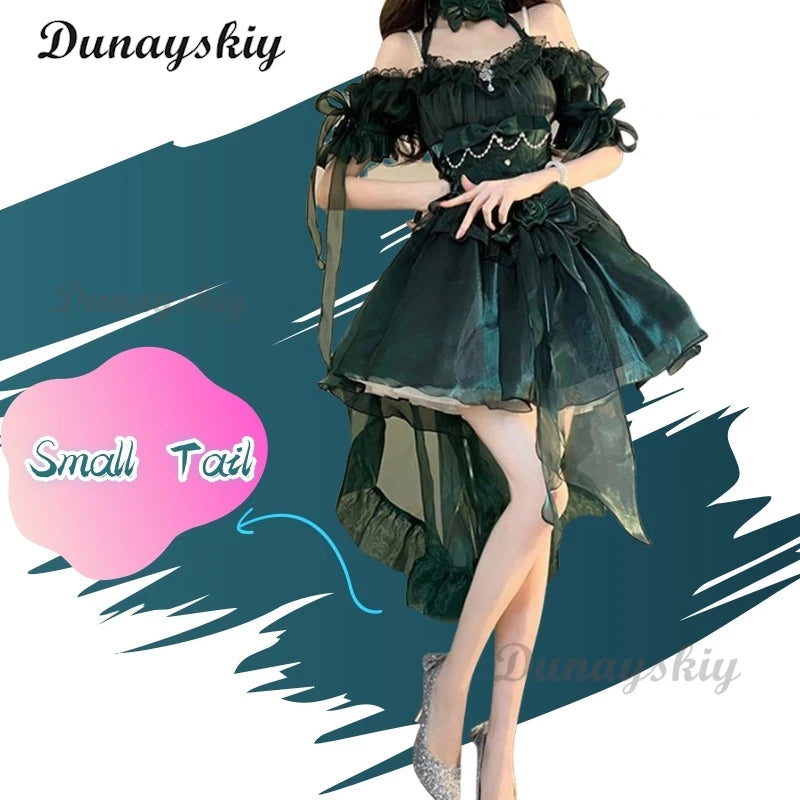 Exquisite Elegant Green Lolita Dress High Waist Slim Fit Bow Off -The-Shoulder Neck Suspender Dress Wedding Dress Customized