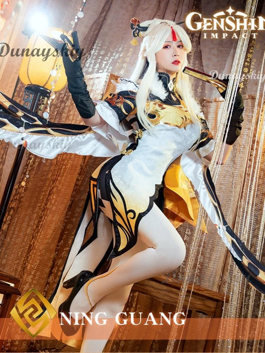 Game Genshin Impact NingGuang Cosplay Costume Wig Anime Halloween Party Cheongsam Dress Girl Halloween Costumes Fo Women Vestido