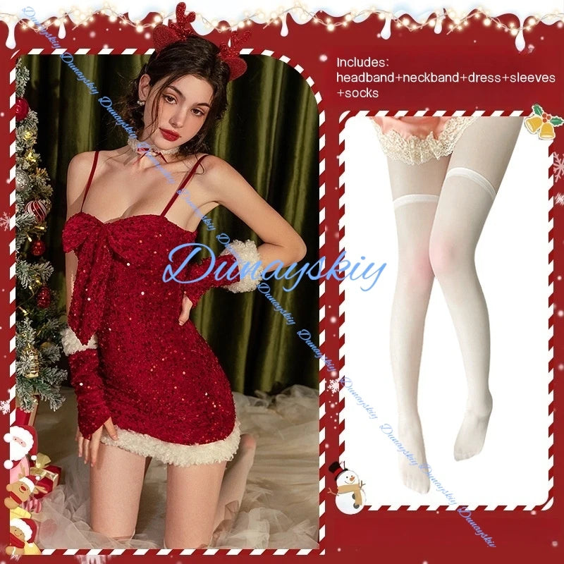 Sexy Bow Velvet Christmas Party Cosplay Costumes Adult Lady Sweet New Year Dress Lady Stylish Xmas Night Outfits New Design