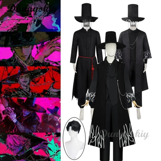 Anime KPop Demon Hunters Saja Boys Cosplay Costume Wig Black Uniform Outfit For Men Women Baby Coat Hat Belt Props Carnival