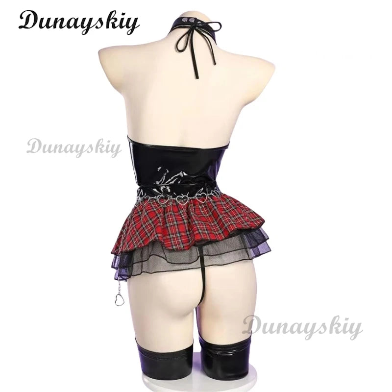 Miss Misa Cosplay Costume and Wig Halloween Gothic Top and Skirt with Net Stockings and Sleeves Black Corset Skirt Set Lace-up