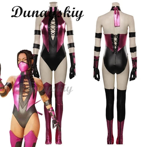 Mileena Cosplay Mortal Cos Kombat Fantasy Costume Adult Women Jumpsuit Mask Gloves Outfits Halloween Carnival Disguise Suit