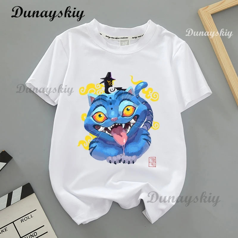 Kpop Demon Hunters Cosplay Merch T-shirt for Children K-Pop Demon Hunters Tiger Print Fashion Tops Casual Movie T Shirt