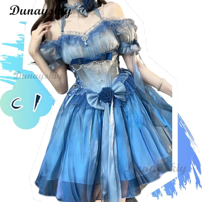 Blue Flower Wedding Lolita Dress Light Lo on the Run Elegant Big Lady Beautiful Puff Short Skirt Fairy Princess Party Customized