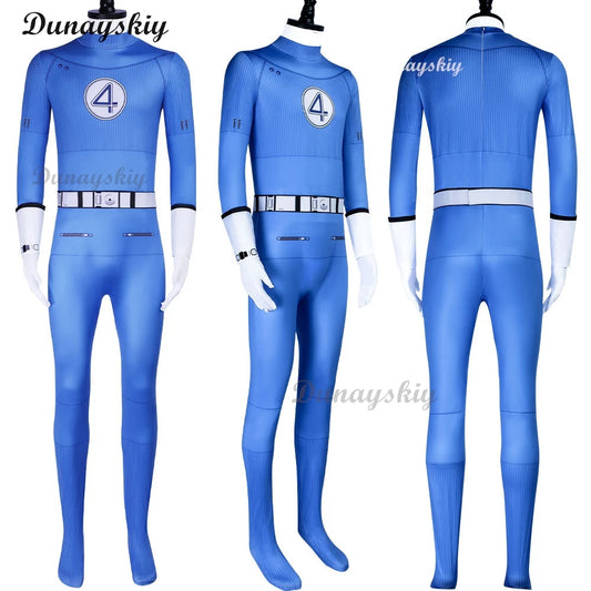 Movie Fantastic Four Cosplay Costume Thunderbolt Fire Blue And White Jumpsuit Superhero Halloween Party Invisibility Jumpsuit