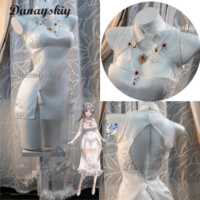 Game Nikke The Goddess of Victory Modernia Marian Cosplay Costume White Cheongsam Butterfly Love Flower Dress Halloween Outfits