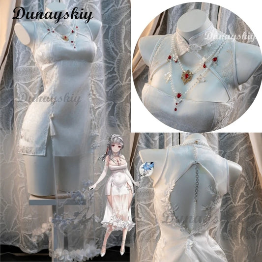 Game Nikke The Goddess of Victory Modernia Marian Cosplay Costume White Cheongsam Butterfly Love Flower Dress Halloween Outfits