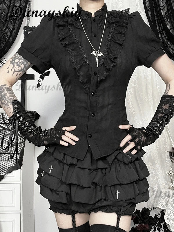 Vintage Mall Gothic Black Shirt Skirt Women Dark Palace Style Streetwear Jacquard Texture Blouse Sleeve Lace Patchwork Shirt